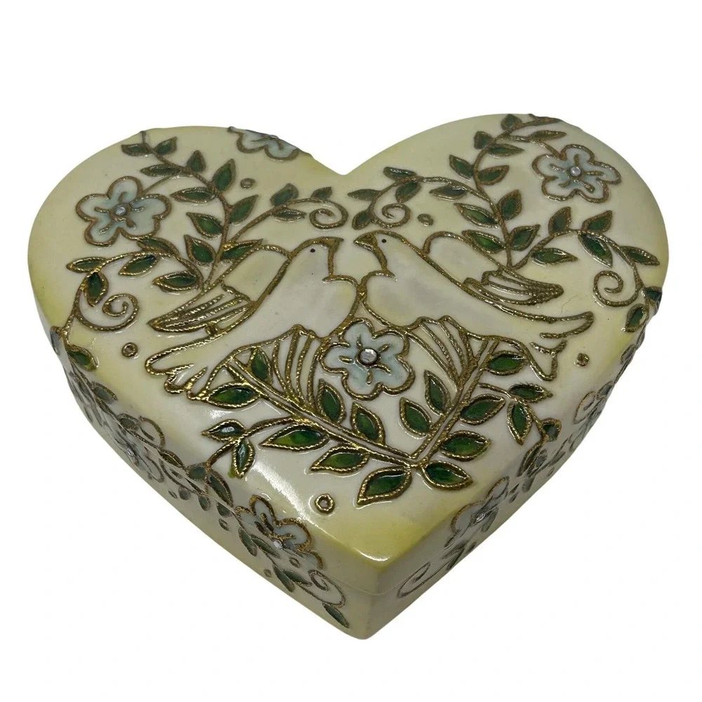 Roman Inc Heart Musical Jewelry Box Doves Floral Ceramic Cloisonné Vintage Works